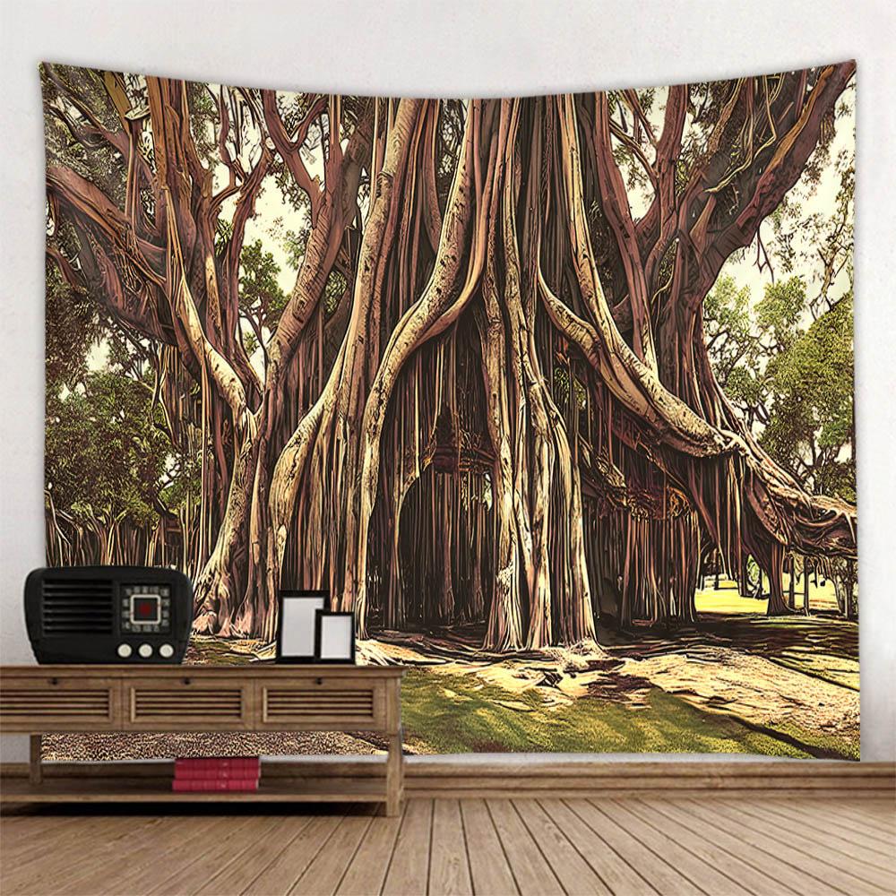 Ancient tree landscape tapestry, retro oil painting wall hanging, Bohemian home art decoration, living room and bedroom tapestry