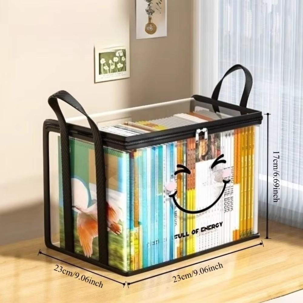 Große quadratische Buchaufbewahrungstasche PVC Transparenter Deckel Design Aufbewahrungsbox Reißverschluss Fröhliches Gesichtsmuster Organizer-Behälter Heimorganisation