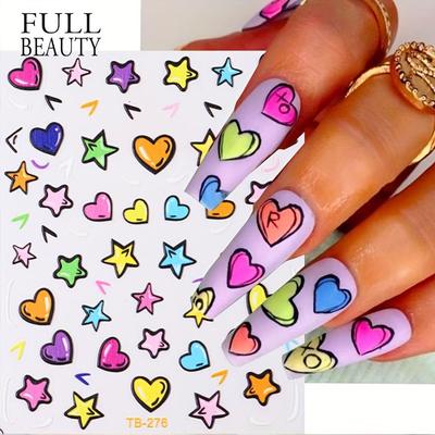 3D Graffiti Heart Star Design Nail Art Stickers, Self Adhesive Cartoon Star Heart Design Nail Art Decals For Nail Art Decoration