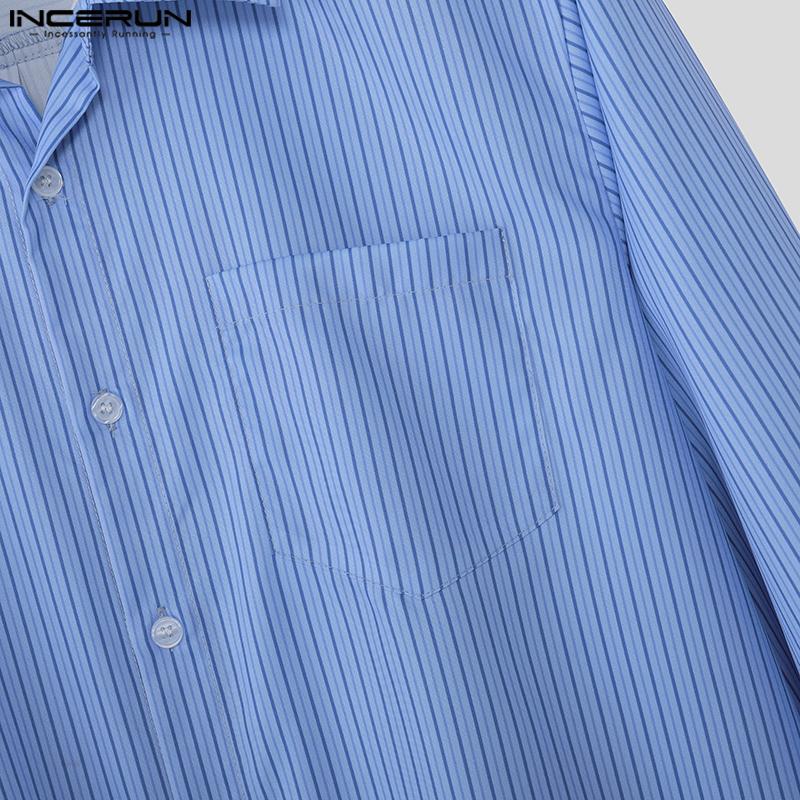INCERUN Oversized Men Lapel Neck Long Sleeve Striped Casual Buttons Up Shirts
