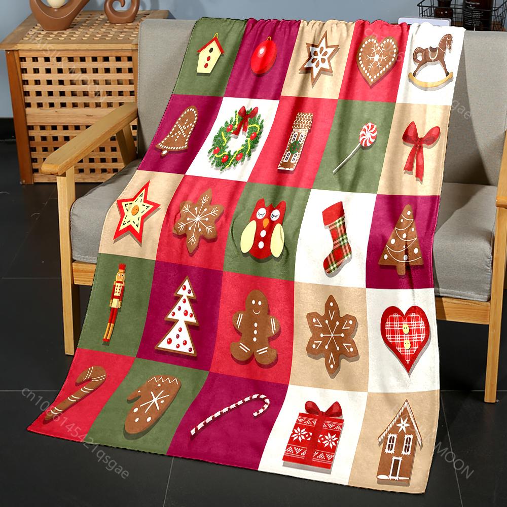 Festive Christmas-themed Patchwork Pattern Blanket Flannel Material Soft Warm for All Seasons, Home Outdoor Camping Picnics RV