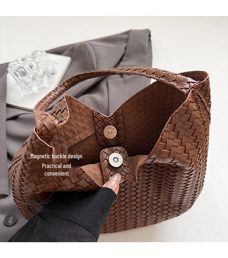 Korean Style Woven Bucket Bag: Women's Fashion Casual Shoulder & Underarm Retro Handbag