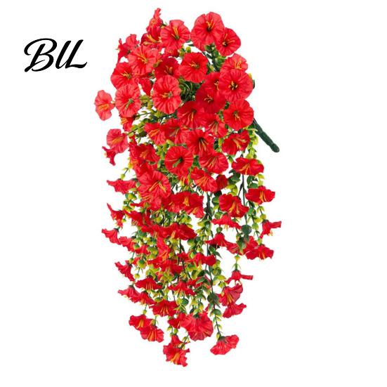 Künstliche Blumen Tischdekoration Künstliche Blumen für den Außenbereich, Hängende Prunkwinde mit Eukalyptusblättern, UV-beständige Pflanzen für Zuhause, Petunien