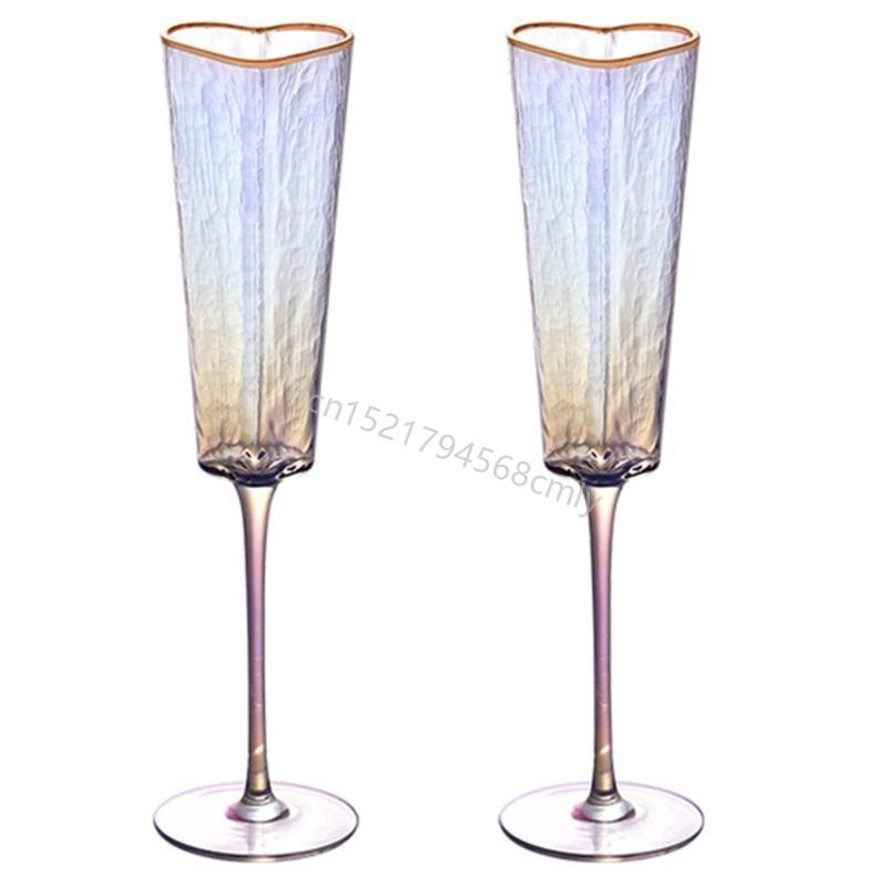1Pair Decorative High Stem Glass Cup Gold Rimmed Love Heart Champagne Flute 6XDE