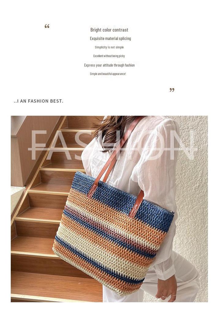 Striped Straw Woven Tote Bag - Large Capacity Beach Vacation Shoulder Bag