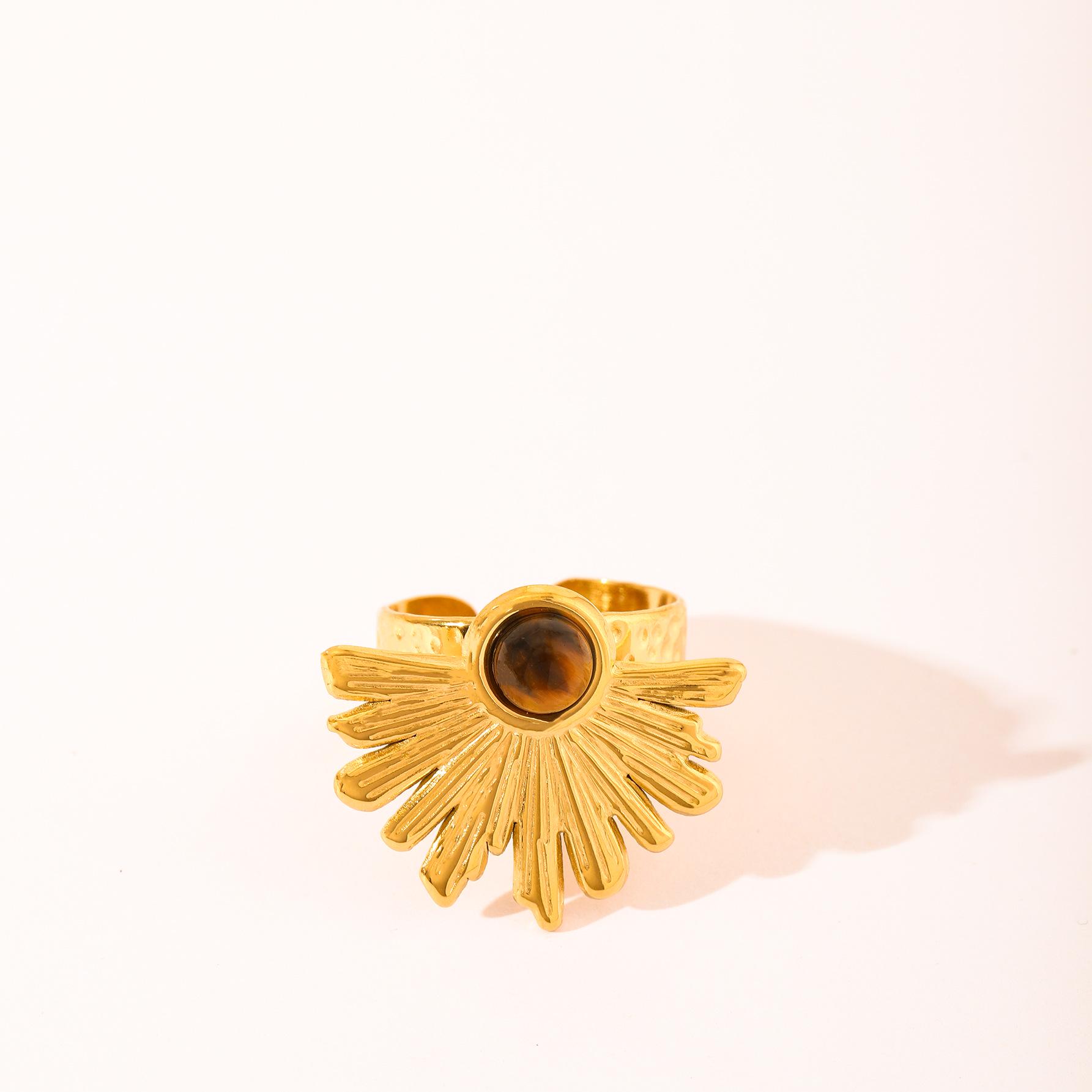 

18K Gold Plated Irregular Open Ring with Inlaid Natural Stone - European & American Style Adjustable Open