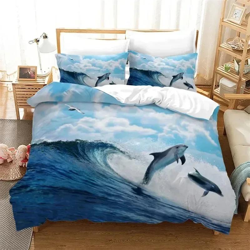 Top Dolphin Duvet Cover Full Kids Ocean Animal Bedding Set Luxury Mediterranean Style Comforter Cover Bedroom Decor
