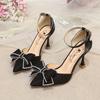 Fashion 2024 Spring Summer Autumn New Pointed High Heels Thin Heels Shallow Mouth One Line Buckle Hollow Satin Bow Tie Women's Shoes