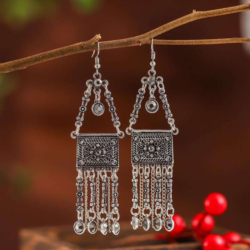 Vintage Exaggerated Long Crystal Tassel Earrings for Women Ethnic Multilayer Rhinestone Silver Color Geometric Earrings Jewelry