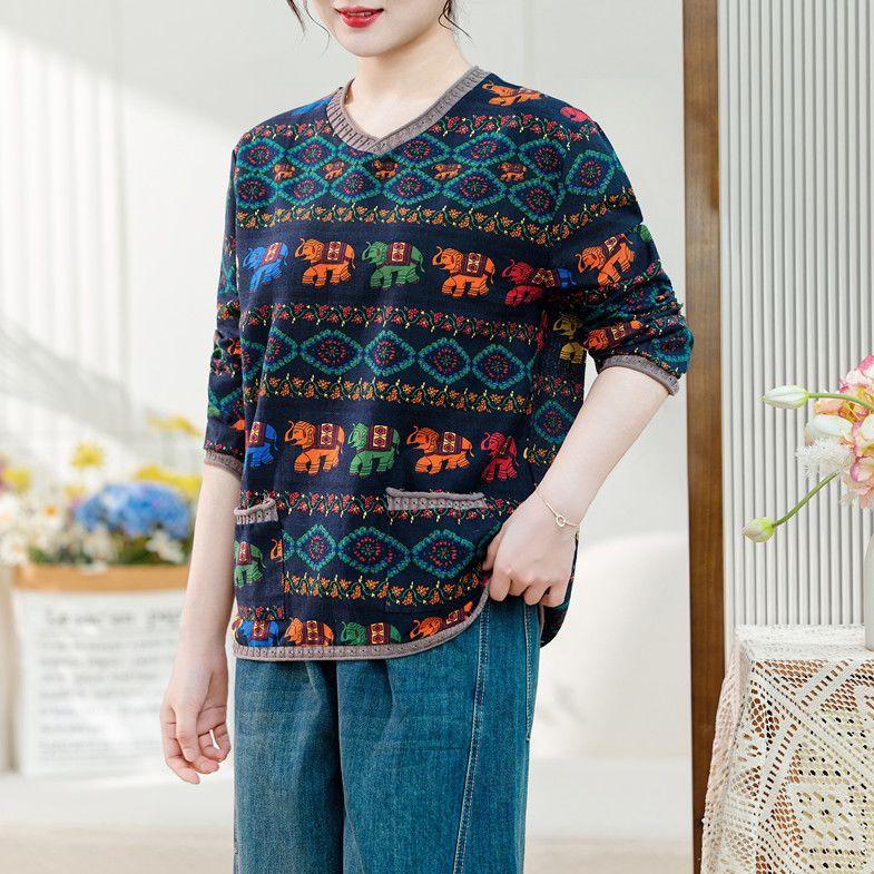 Maglia a maniche lunghe con scollo a V in cotone e lino stile nazionale retrò da donna, maglione a maniche lunghe sottile e ampio per la primavera e l'autunno