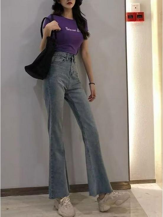 Retro Hong Kong Style High-Waisted Flared Denim Pants - Women's Slim Fit for Spring & Autumn