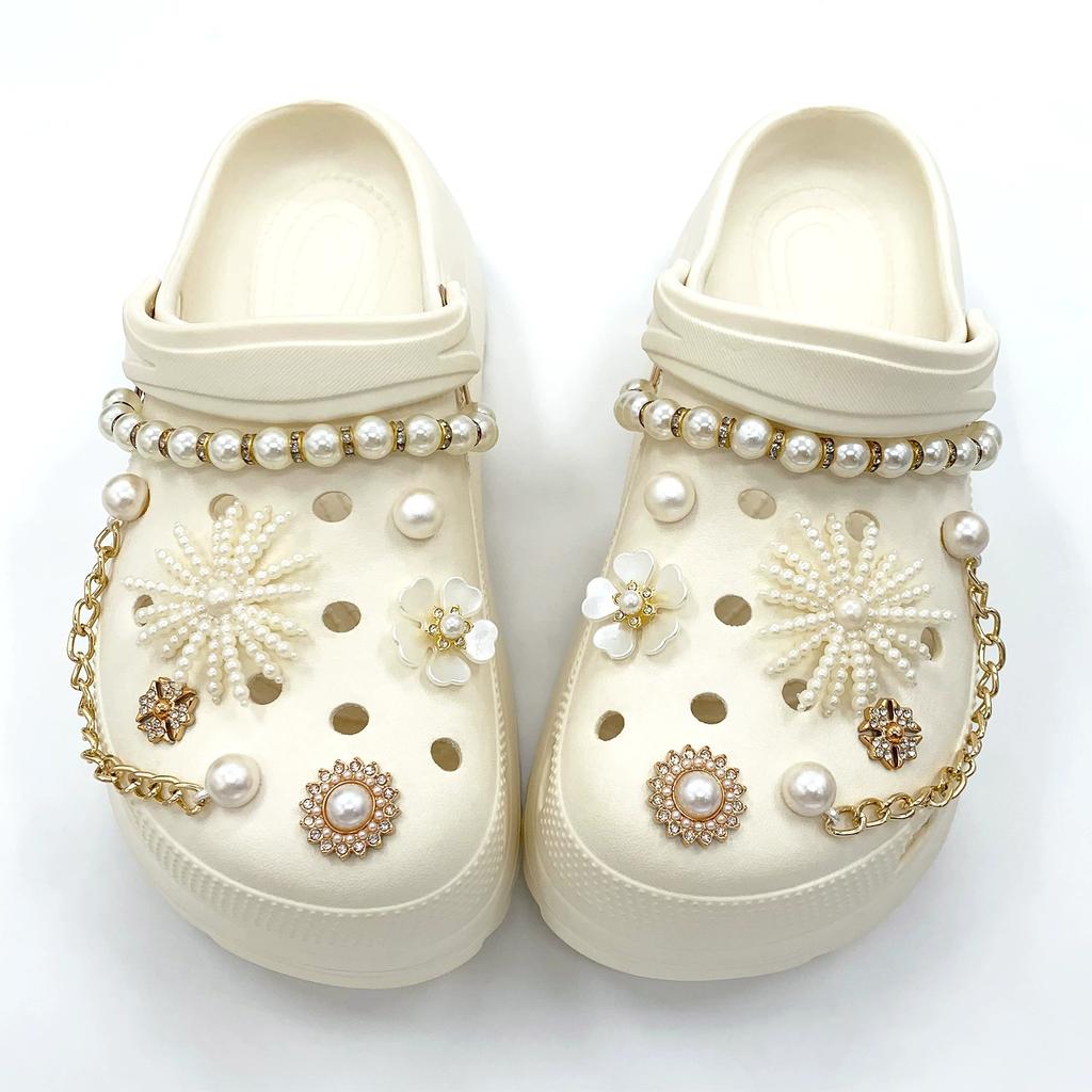 14 Pcs Set Elegant Pearls Chain Shoe Charms Accessories Women DIY Shoe Buckle Decorations for Sandals Beach Clogs Garden Shoes