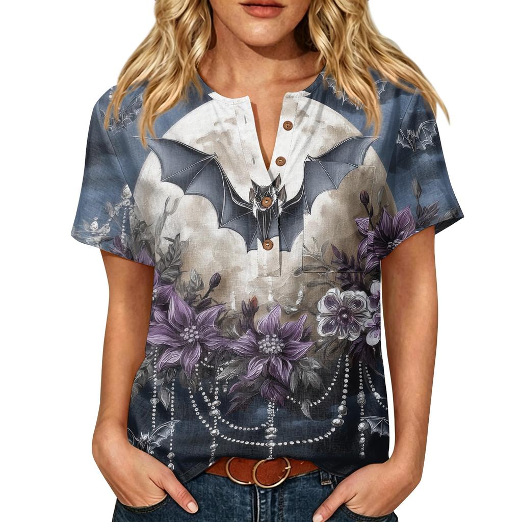 Women's Halloween V-Neck T-Shirt with Decorative Buttons and Three-Quarter Sleeves