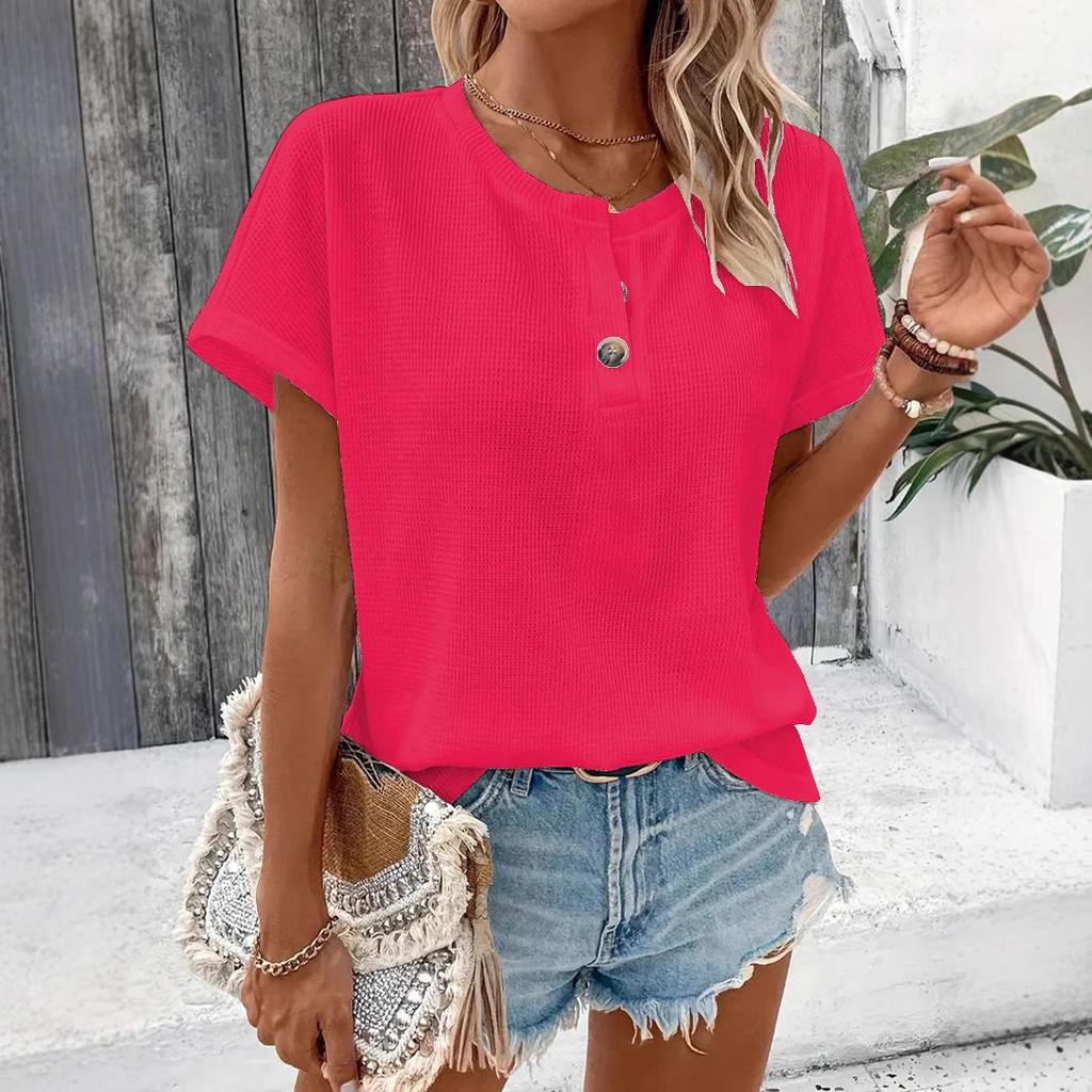 Frühling/Sommer 2025 Damen Plus Size Knopf Kurzarm T-Shirt - Europäischer/Amerikanischer Stil, Einfarbige Mode