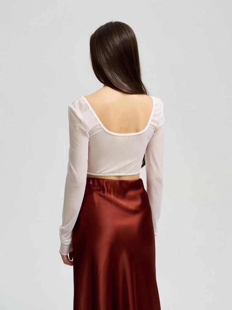 European & American Street Fashion Mesh Lace Slim Square Collar Long-Sleeved Top for Women