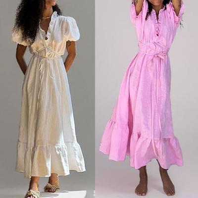 New Women's Elegant Puff Sleeves V-neck French Ruffle Strap Dress