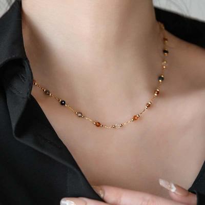 Stainless Steel Colorful Natural Stone Beaded Necklace Set For Women Vintage Gold Color Clavicle Chain Necklace Zircon Gift