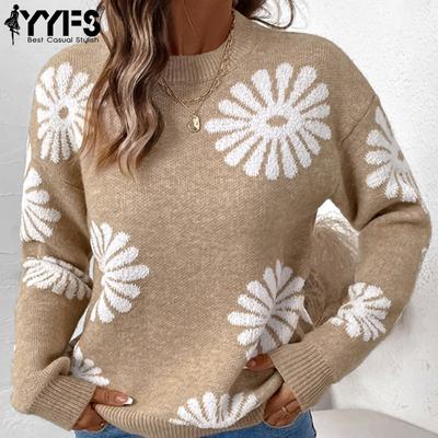 Damenmode Casual Herbst Winter Blumenmuster Druck Langarm O-Ausschnitt Pullover