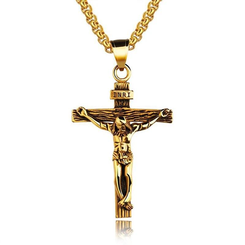 Bijoux Crucifix jésus Christ pour hommes et femmes, couleur or marron argent, pendentif croix en métal avec chaîne de cou, colliers pour hommes et femmes