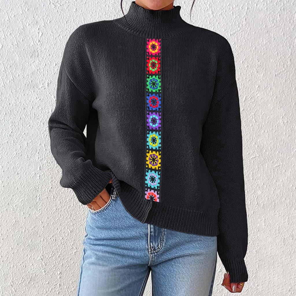 Women's Fashion Crocheted Patchwork Knitted Top With Half-high Collar And Pullover Sweater