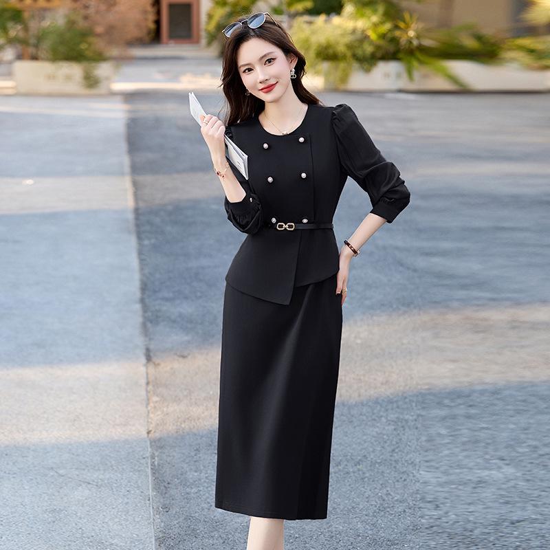 2025 Spring/Summer Women's Elegant Double-Breasted Two-Piece Mid-Length Dress JX2512