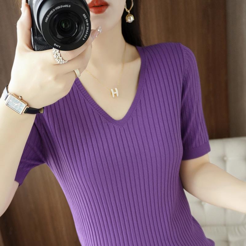 Ice Silk Short-sleeved T-shirt for Women In Summer New V-neck Half-sleeved Stylish Slim Shirt Knitted Thin T-shirt Base Top