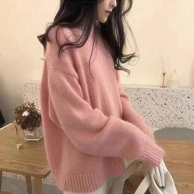 Women's Solid Color Crew Neck Pullover Sweater Loose Lazy Fit Long Sleeve Knit Top Fall Versatile Casual Knitwear
