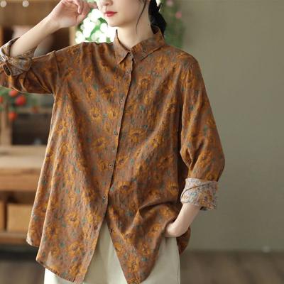 Women Vintage Shirts  Floral Printed Long Sleeve Casual Shirts  Spring Loose Female Tops Shirt