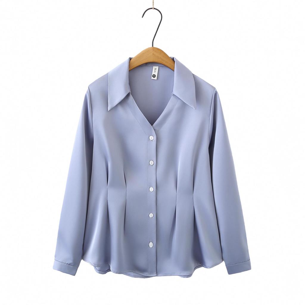 2026 Spring Plus Size Women's V-Neck Long Sleeve Pleated Cardigan Top
