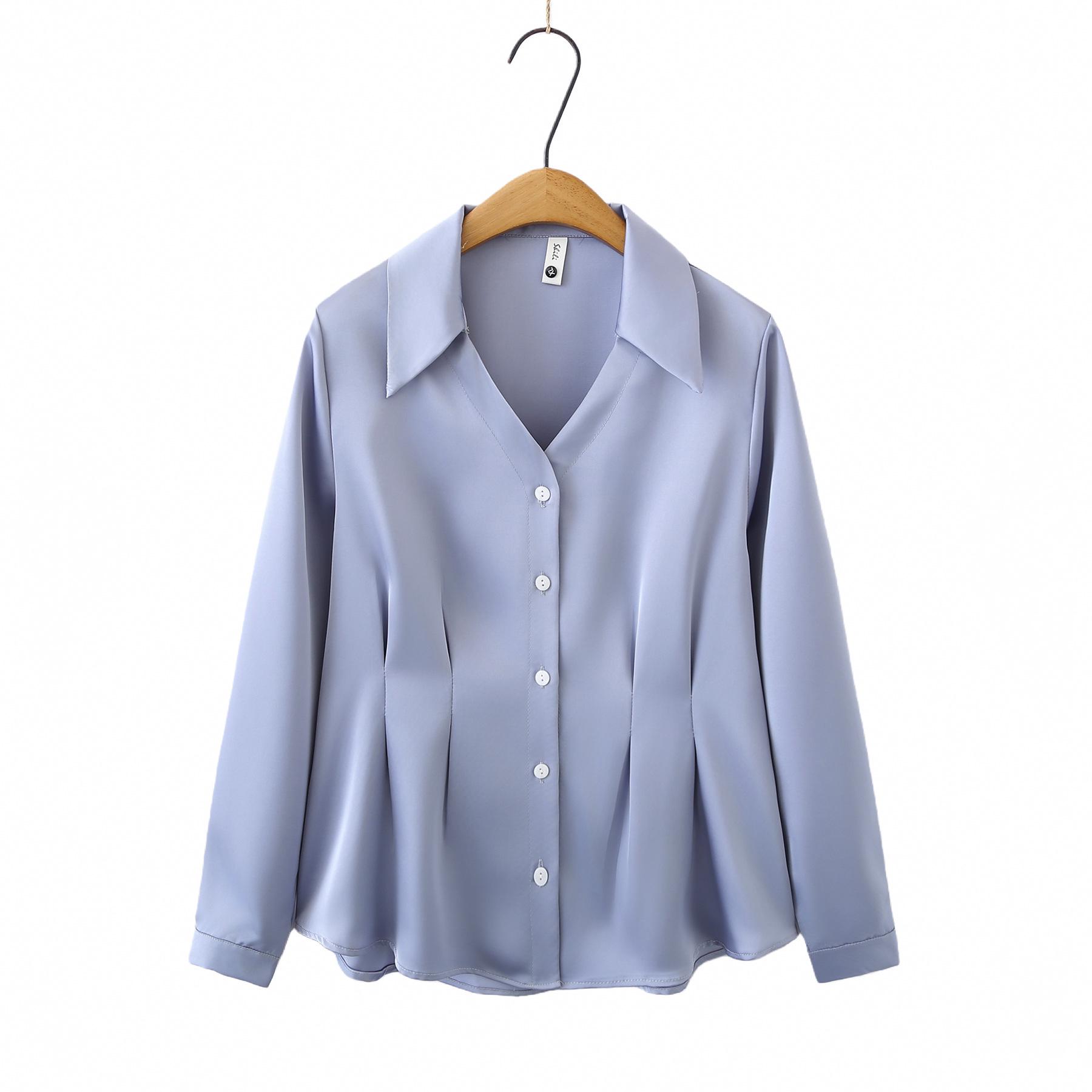 2026 Spring Plus Size Women s V-Neck Long Sleeve Pleated Cardigan Top 3XL синий
