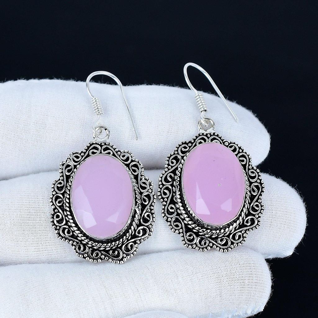 Ohrringe aus rosa Chalcedon-Edelstein, Ohrringe aus 925er Sterlingsilber, handgefertigte Silberohrringe zum Verschenken, baumelnde Tropfenohrringe aus rosa Chalcedon zum Verschenken