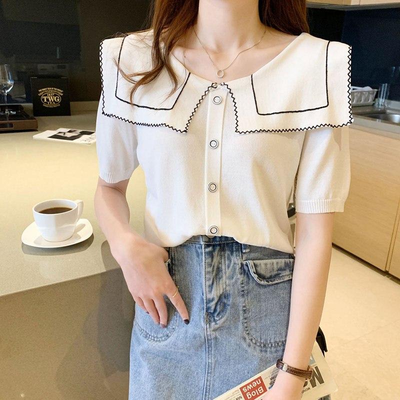 Pulover tricotat cu guler bleumarin de vară pentru femei Tricou Topuri cu mânecă scurtă cu nasturi Culoare uni cu dungi Alb liber