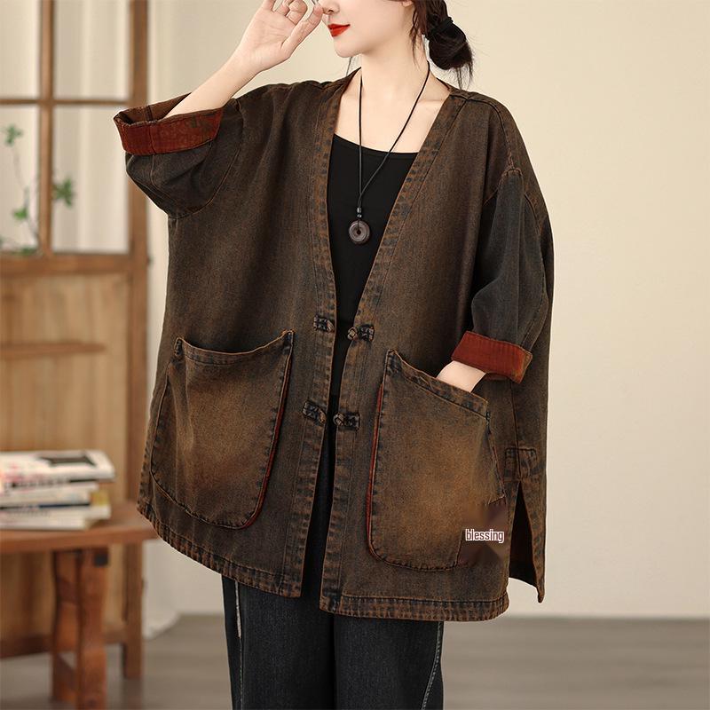 Spring Retro Washed Denim Patchwork Plus Size Three-Quarter Sleeve Jacket for Women Plus Size L