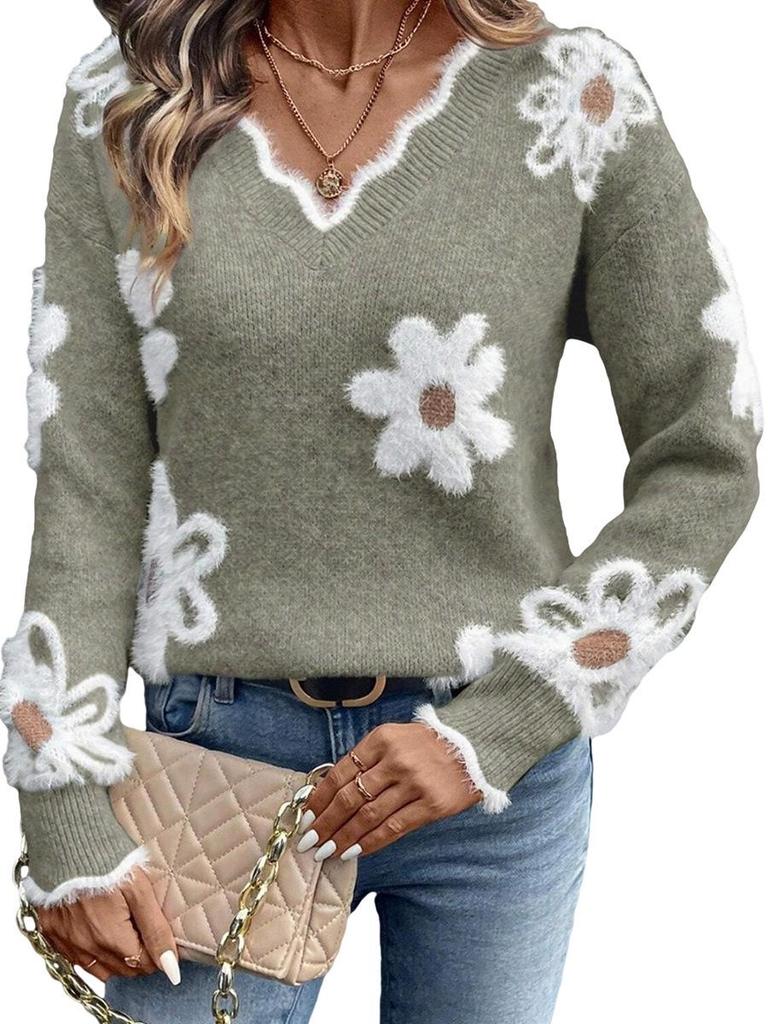 2025 Autumn Sweet Floral V-Neck Loose Sweater for Women
