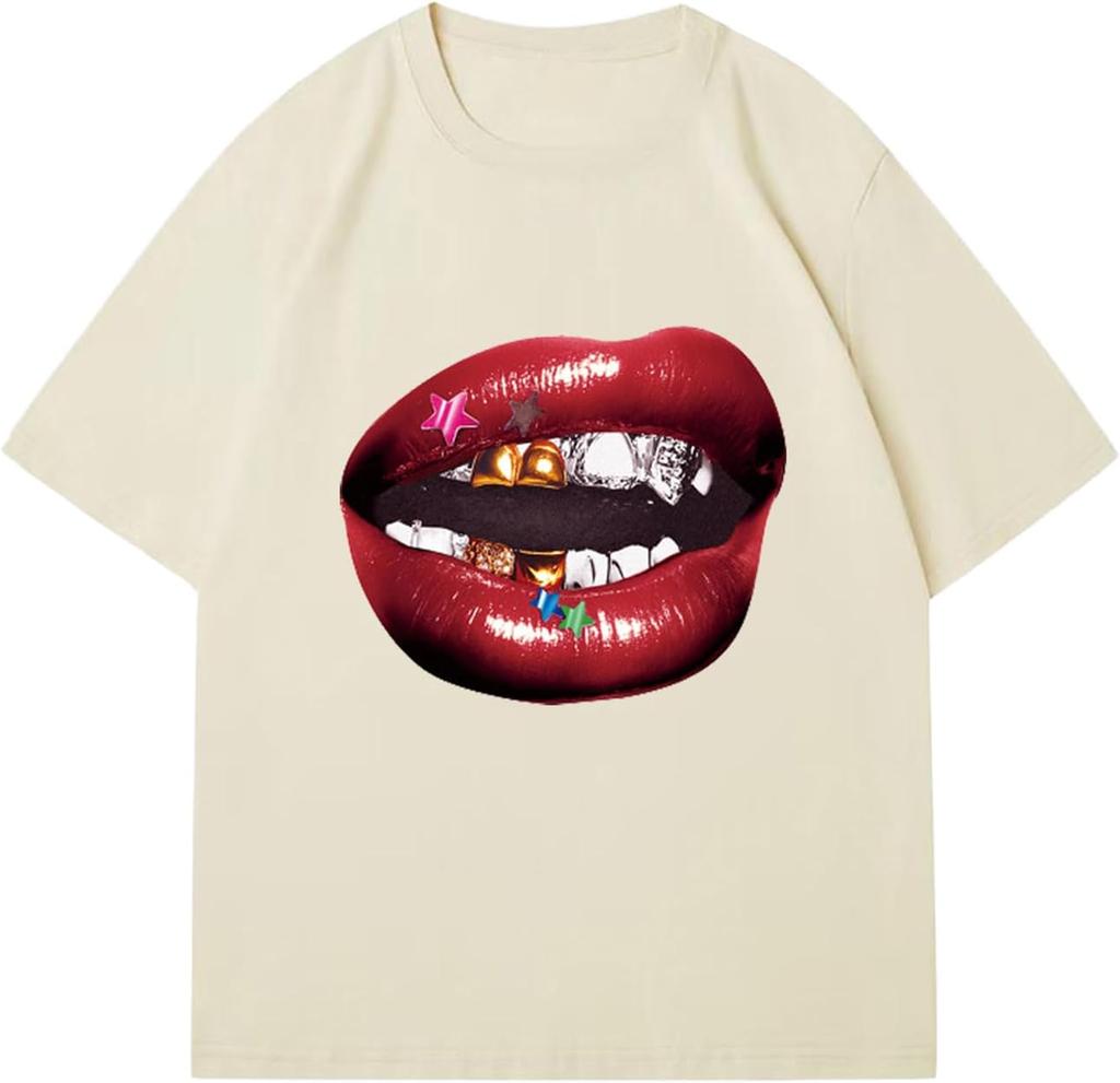 Chic Lips Zlaté zuby Vintage tričko Rock Goth Ležérní tričko Oblečení Pánské Oversized Bavlněné tričko Harajuku Y2k Topy Streetwear