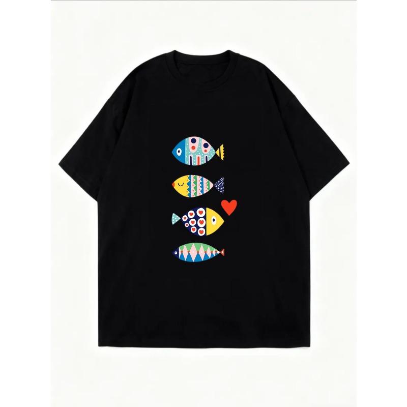 White T Shirt With Colorful Fish Pattern For Casual Wear