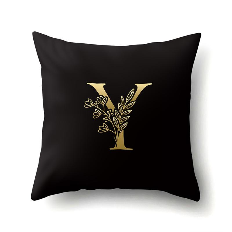 Polyester Pillowcase Car Decoration Black Gold Flower Pillowcase 26 English Letters Home Cushion Cover