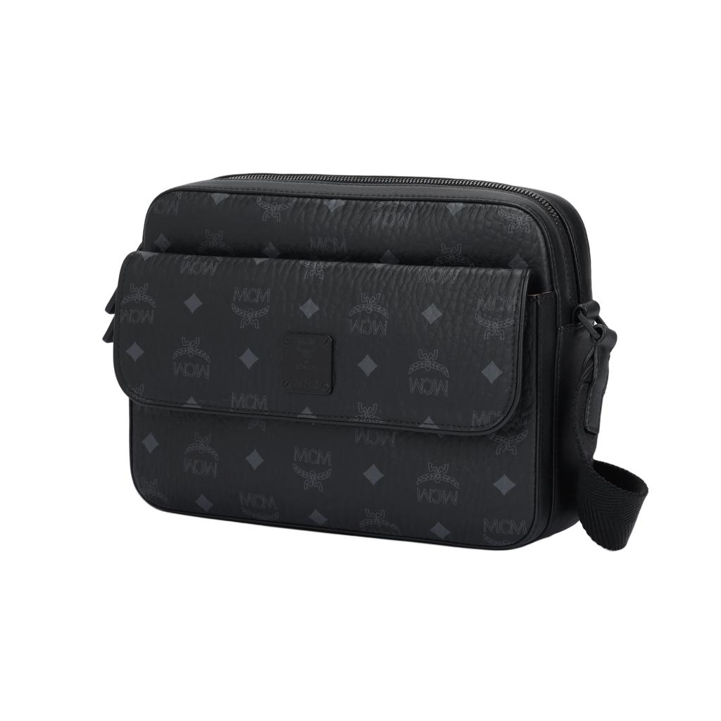 MCM Aren Klassischer Monogramm-Print Verstellbarer Schultergurt Beschichtetes Canvas Und Leder Mittlere Umhängetasche Unisex Umhängetasche Schwarz MMRDSTA01BK001