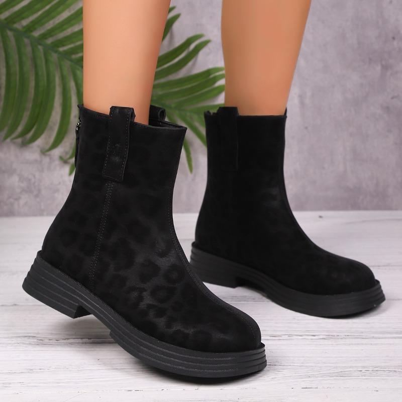 Fashion Leopard Print New Round Toe Square Heel Versatile Classic Women's Mid-leg Boots