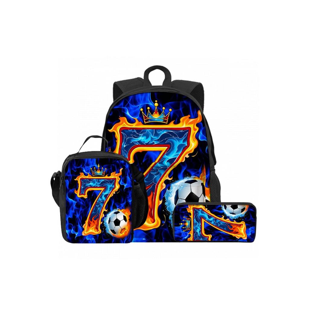 Football Print 3pcs Set 2D Flat Cartoon Design Waterproof School Backpack Lunch Pen Bags for Boys/Girls Best Gifts