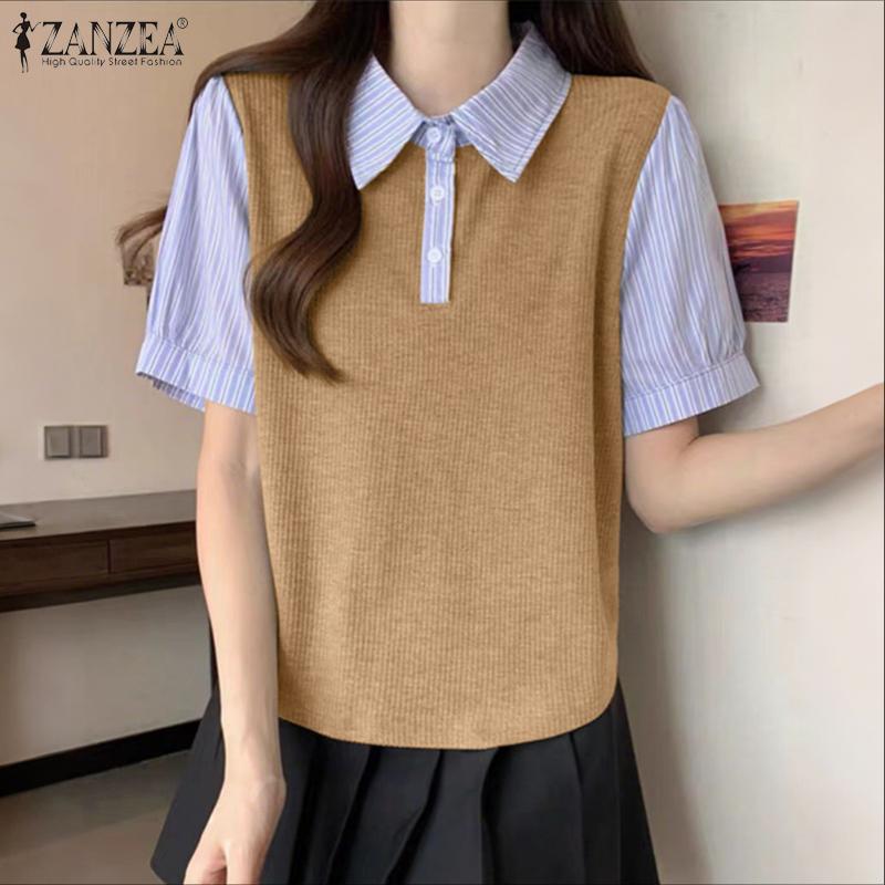 ZANZEA Bluză casual de vară cu mânecă scurtă pentru femei, cu patchwork cu dungi