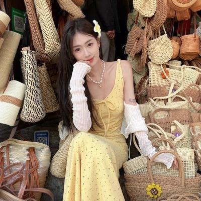 Summer New French Floral Dress Yellow Long Dress Fresh Long Suspender Skirt