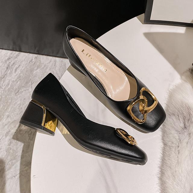 Mărimi mari 35 -43 Pantofi cu toc mediu pentru femei, cu vârf pătrat, pantofi de piele pentru doamne de birou, lanț metalic auriu mare, tălpi moi, pantofi slip-on