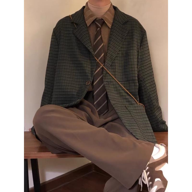 Unisex Japanese Retro Plaid Suit Jacket - Casual Spring/Autumn Vintage Style