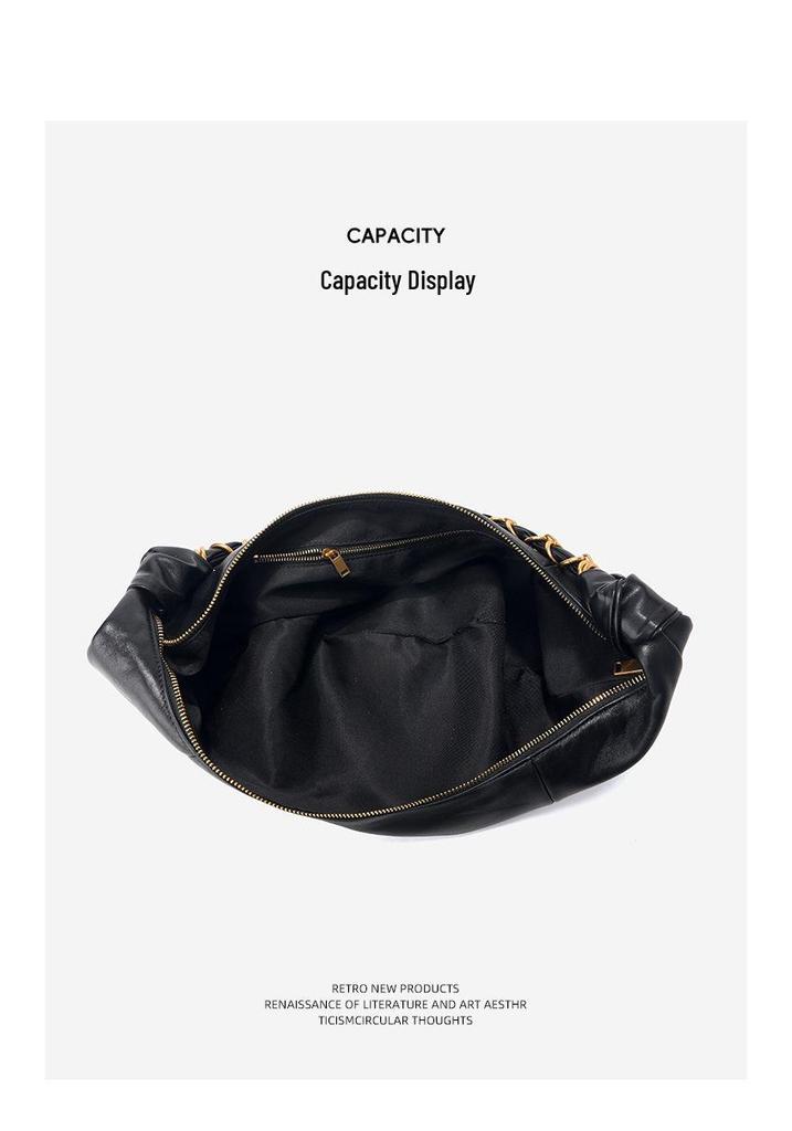 Women's Genuine Leather Crescent Shoulder Bag - Retro Lambskin with Chain Strap, Large Capacity, Elegant and Fashionable Design