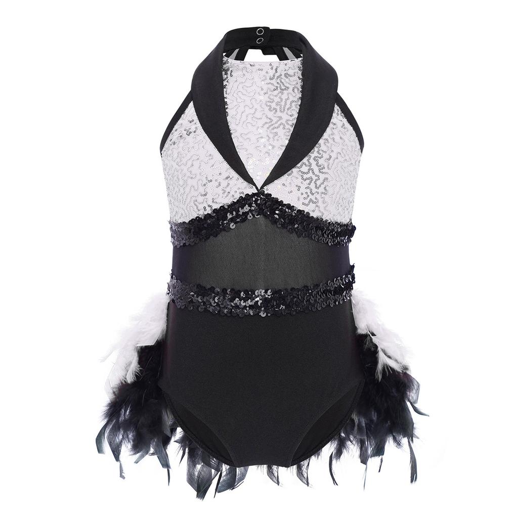 Girls Jazz Dance Dress Turn Down Collar Sleeveless Sheer Mesh Keyhole Back Shiny Sequins Color Block Feather Leotard