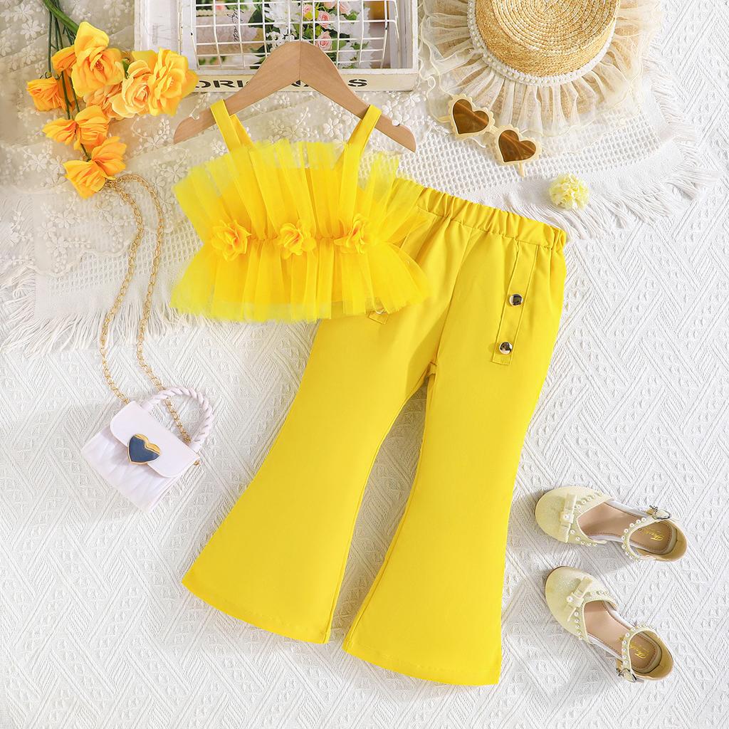 Girls' Fashion Set: Summer Children's Solid-Color Tank Top with Tulle + Flared Pants Set