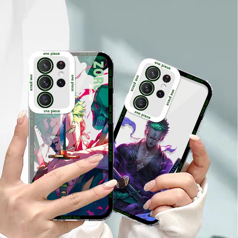 Anime Transparent Phone Case for Samsung S22, A32, M11 Featuring Luffy, Zoro, Goku, and Dragon Ball Characters.