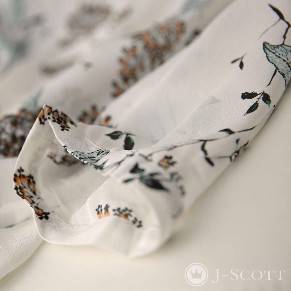 Botanical Print Chiffon Drawstring Sheer Sleeve Balloon J-Scott 3/4 Blouse, White, JS48-WH-XL