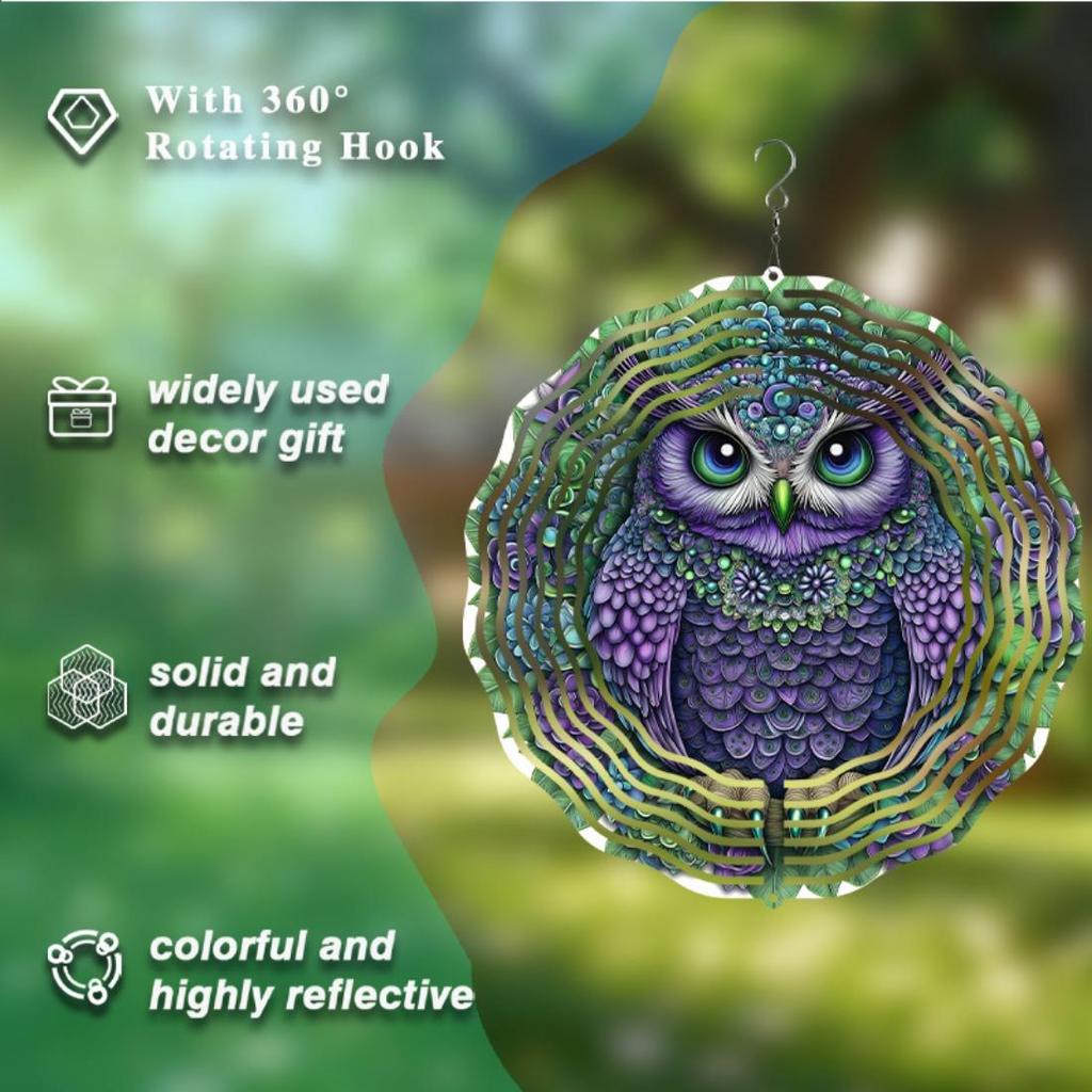 Vibrant 10-Inch Metal Wind Chime with Colorful Owl Design, 360° Rotating Hook - Battery-Free
